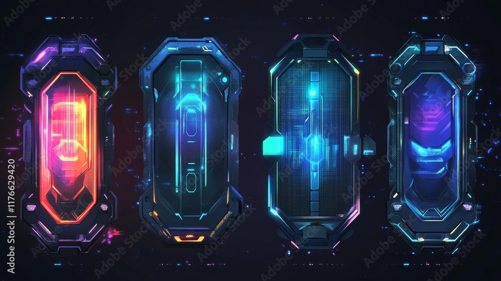 Poster modern technology banners collection in cyberpunk style. abstract sci-fi text boxes with glitch effe