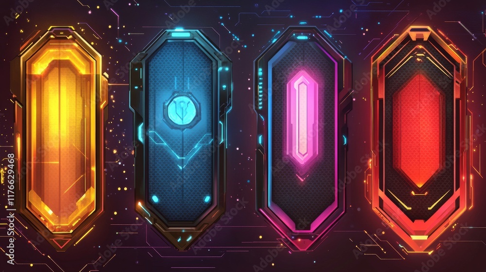Poster modern technology banners collection in cyberpunk style. abstract sci-fi text boxes with glitch effe