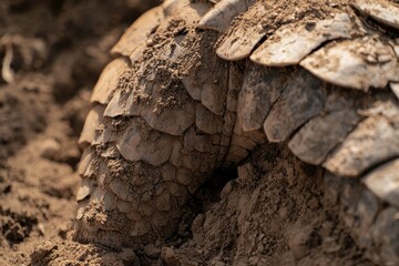 A close-up of a giant armadillo digging its burrow in the dry soil of the Chaco region