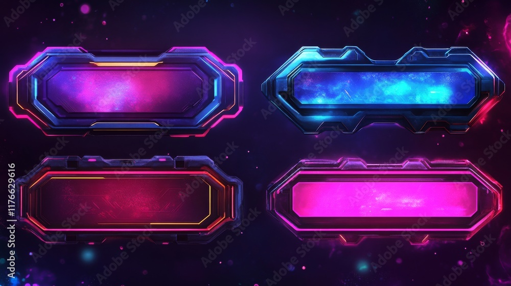 Poster modern technology banners collection in cyberpunk style. abstract sci-fi text boxes with glitch effe