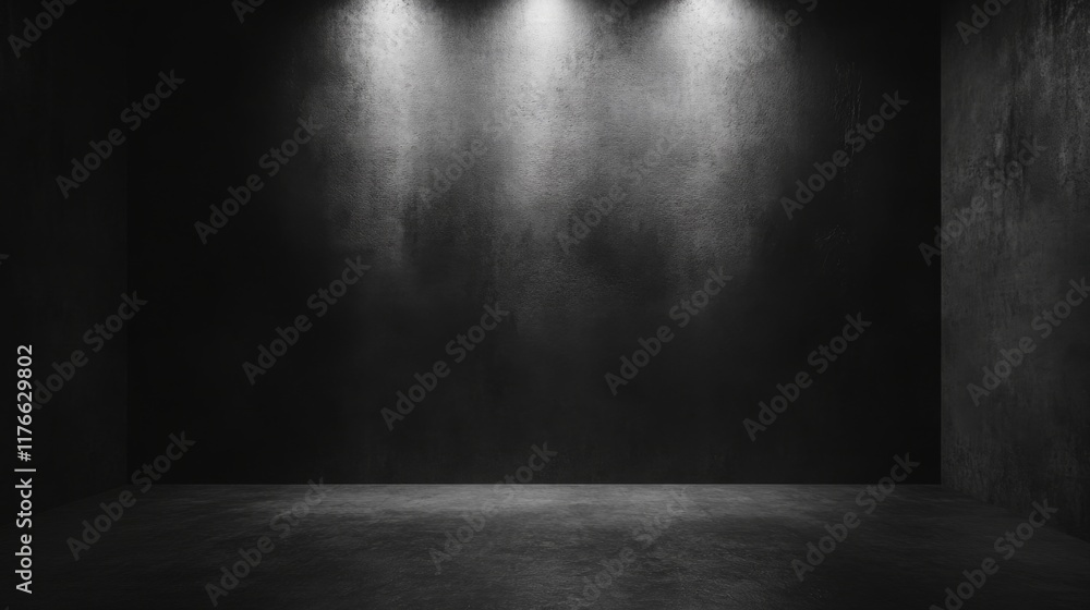 Aufkleber a dark, minimalist space with three overhead lights illuminating the wall, creating a dramatic and m