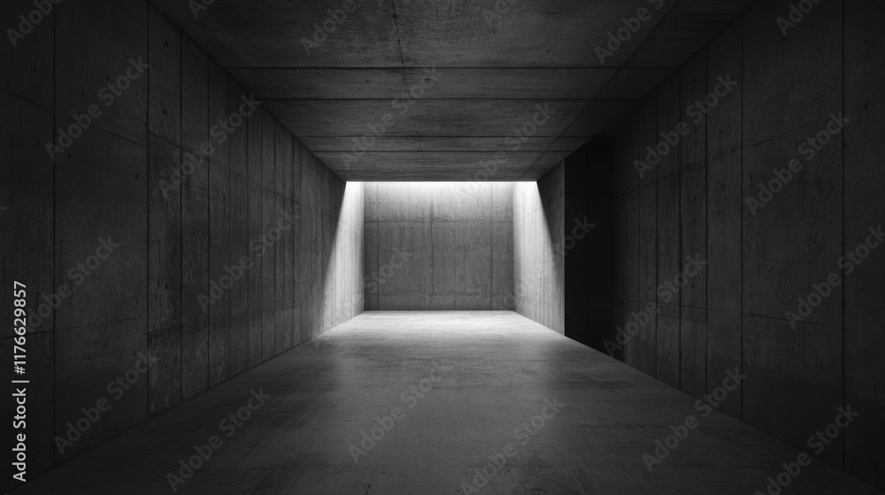 Poster a minimalist, industrial space featuring concrete walls, illuminated by soft light, evoking a sense 