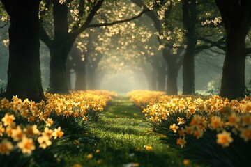 Obraz premium Daffodils blooming along path through forest in spring sunlight