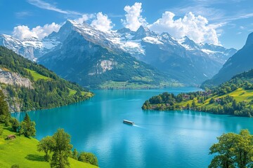 Fototapeta premium Passenger ferry navigating picturesque lake lucerne with majestic swiss alps in background