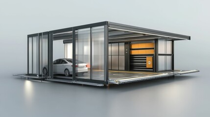 Fototapeta premium Automated car lift system; glass, metal, vehicle.