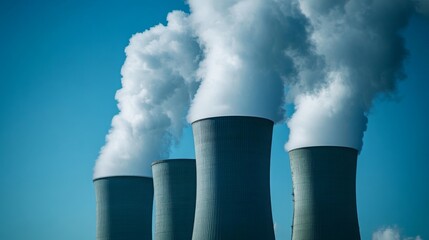Cooling towers release steam into a clear blue sky, illustrating the impact of industrial processes on the environment.