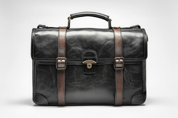 Elegant black leather briefcase closing with silver buckles on white background