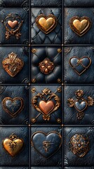 Dark blue and gold ornate heart tile pattern.