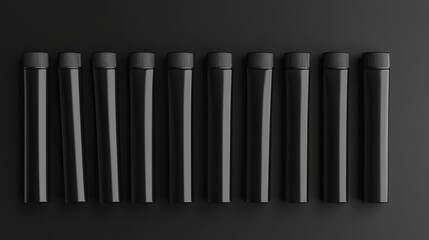 Set of black cosmetic tubes. Closed blank tubes with caps. Realistic mockup. Long nozzle tube. for ointment or salve. Gel serum. Korean packaging. Lip gloss. Toothpaste. Hand cream