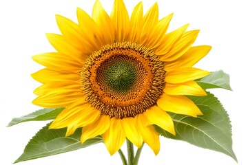 Obraz premium Sunflower blooming with bright yellow petals and green leaves on white background