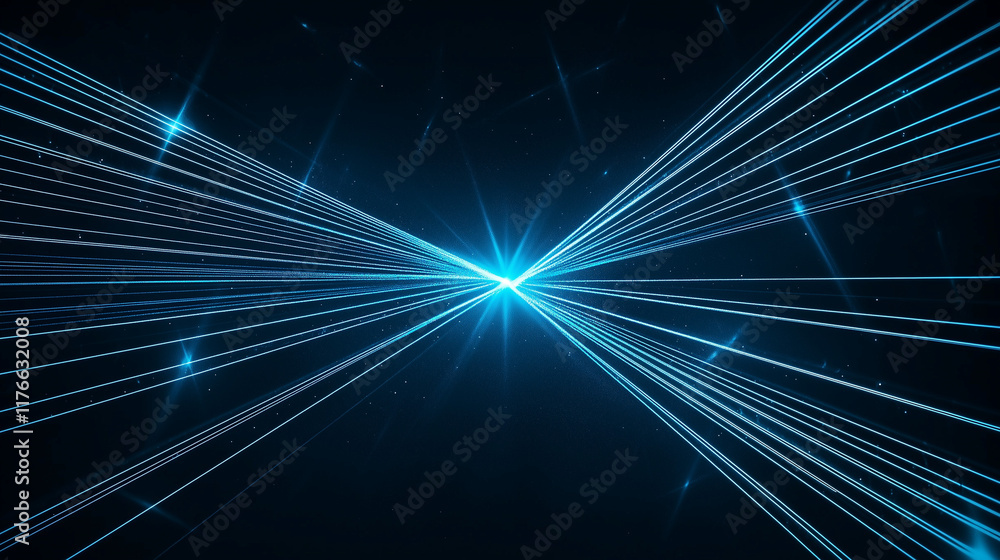 Poster cosmic convergence: a mesmerizing abstract background with ethereal blue light beams converging at a