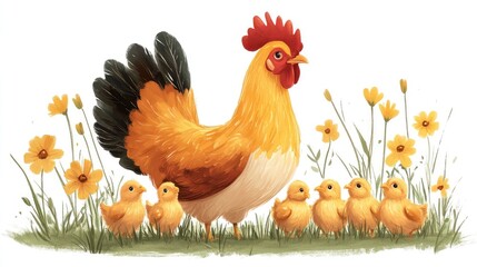 Fototapeta premium Rooster and chicks standing in flowery field watercolor painting