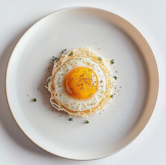 A white plate with a delicious and mouthwatering traditional Iranian-style fried egg, cooked to perfection with a golden, slightly runny yolk and crispy, flavorful edges. white background