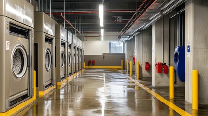 Obraz premium Industrial laundry room; rows of large washing machines.