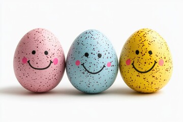 Three colorful easter eggs showing happiness on white background