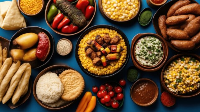 Culinary celebration traditional feast kitchen table food photography vibrant colors top-down view gastronomic culture