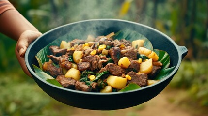 Delicious beef stew preparation outdoor setting recipe showcase lush forest close-up culinary traditions