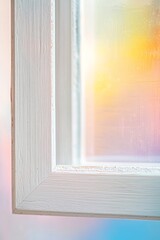 A cropped perspective of a white wooden frame with visible wood grain, set against a blurred pastel backdrop and softly lit from above. 