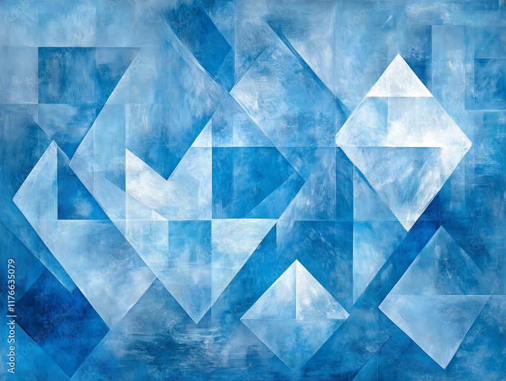 Poster modern abstract blue background design with layers of textured white transparent material in triangle diamond and squares shapes in random geometric pattern
