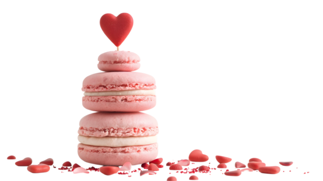 Sweetest Valentine's Treat: A stack of delicate pink macarons with a heart-shaped topper, surrounded by scattered red hearts. - Powered by Adobe