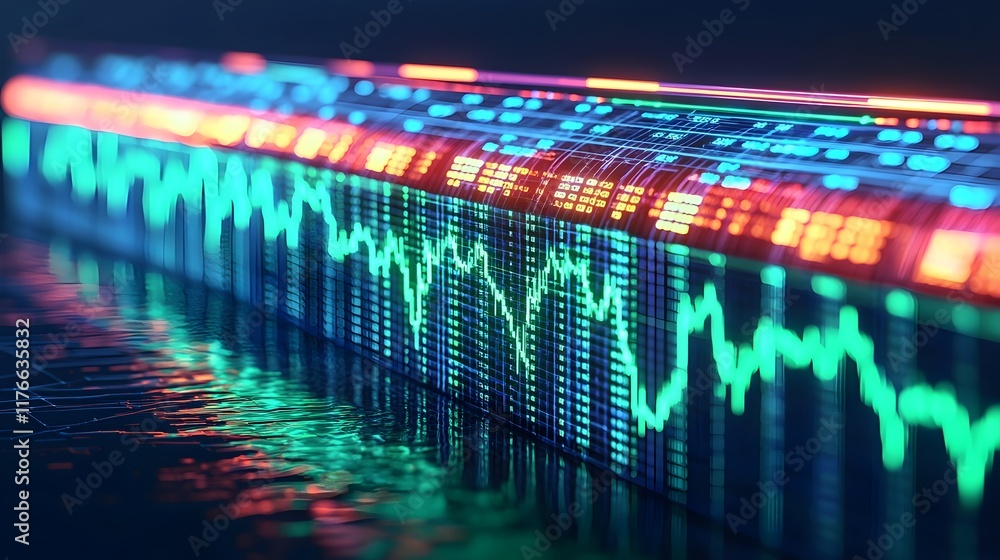 Poster colorful digital sound waveforms on a dark background for technology