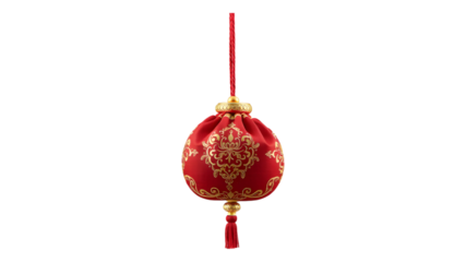 Red and Gold Brocade Pouch: A small, intricate pouch with a red brocade fabric and gold accents. The pouch has a drawstring closure and a tassel.