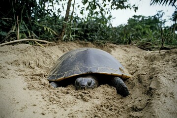 Obraz premium A close-up of a giant river turtle laying eggs on a sandy riverbank in the Amazon