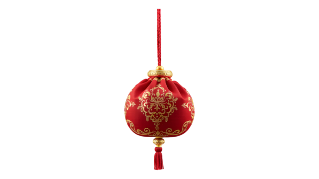 Red and Gold Brocade Pouch: A small, intricate pouch with a red brocade fabric and gold accents. The pouch has a drawstring closure and a tassel.