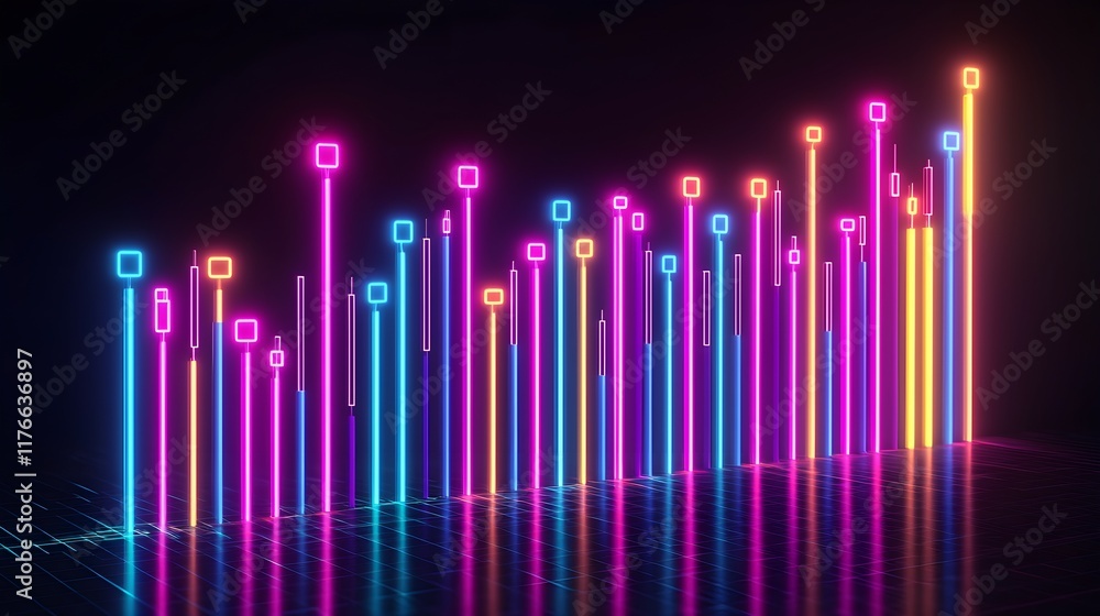 Poster colorful neon bar graph visualization on dark background