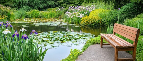 Fototapeta premium Spring time inspired relaxation. Serene garden scene featuring a pond, vibrant flowers, and a wooden bench for relaxation.
