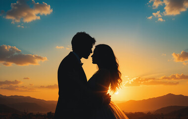 Romantic silhouette of a couple embracing at sunset with a scenic landscape, Beautiful scenic sky, warm tones, and passionate love, Perfect for wedding, anniversary, or valentine day