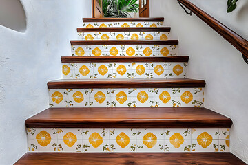 Naklejka premium Rustic vintage villa with lemon and white Spanish tiles leading up to the entrance. The walnut wooden steps are an elegant touch.