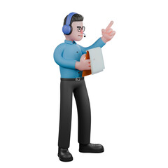 Cool Radio Host Character 3D Model. A radio announcer man is standing holding a clipboard in his right hand, and his left hand is pointing up, the expression tells the direction. Cartoon Style