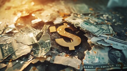 Global economic distress illustrated by shattered dollar and euro symbols amid torn currency, showcasing the impact of financial crises on world economies