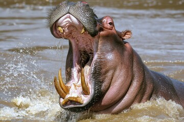 Fototapeta premium A close-up of a hippopotamus opening its mouth wide in a river.