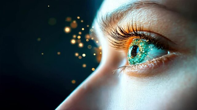 A close up of an eye with glowing digital particles floating around it, symbolizing advanced glaucoma treatment through eye drops, laser therapy, and cutting edge technology