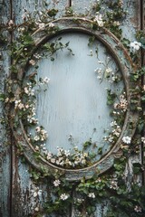 A detailed shot of a blank oval frame wrapped in ivy and small wildflowers, set against the texture of a weathered wooden surface. 