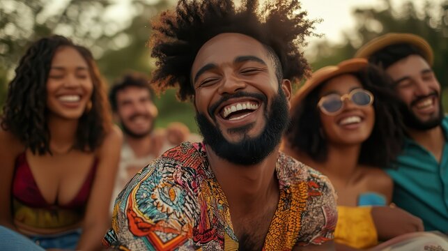World Laughter Day: A group of friends laughing together in a sunny park