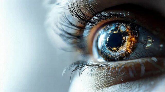 Close up of an eye with futuristic technology inside featuring digital and cyberpunk elements, illustrating advanced glaucoma treatment methods like laser therapy and eye drops