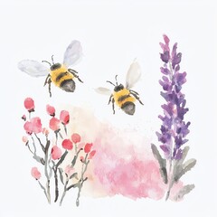 Watercolor illustration of bees and wildflowers in a soft pastel palette.