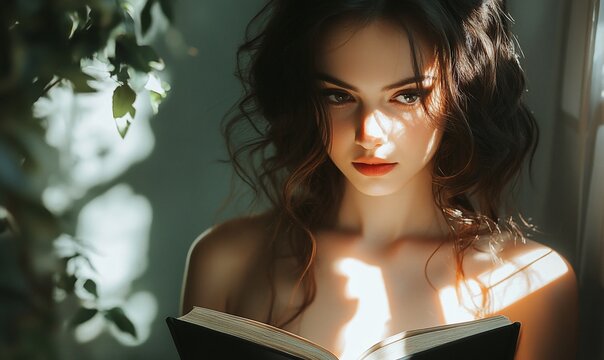 Woman reading book, sunlit room, leaves