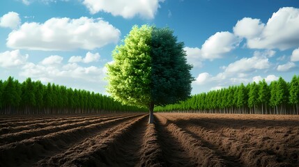A solitary tree stands amidst neatly arranged fields under a bright sky, showcasing nature's beauty and agricultural symmetry.