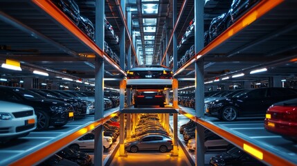 Automated parking system; many vehicles stored vertically.