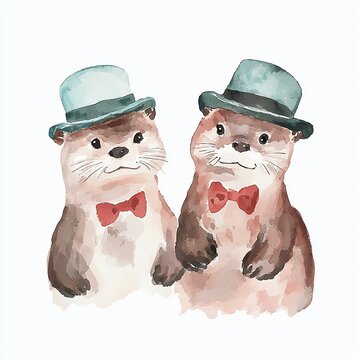 Two charming otters dressed in hats and bow ties, showcasing a playful and whimsical character.