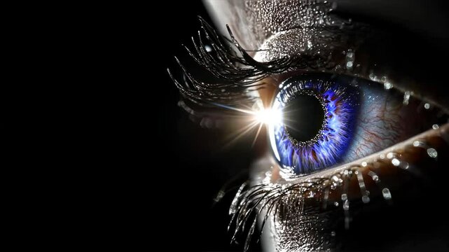 An extreme close up of an eye with a blue iris reflecting light, symbolizing advanced glaucoma treatment methods like laser therapy and eye drops for vision restoration