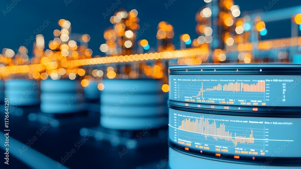 Poster data visualization with industrial background and bright bokeh lights