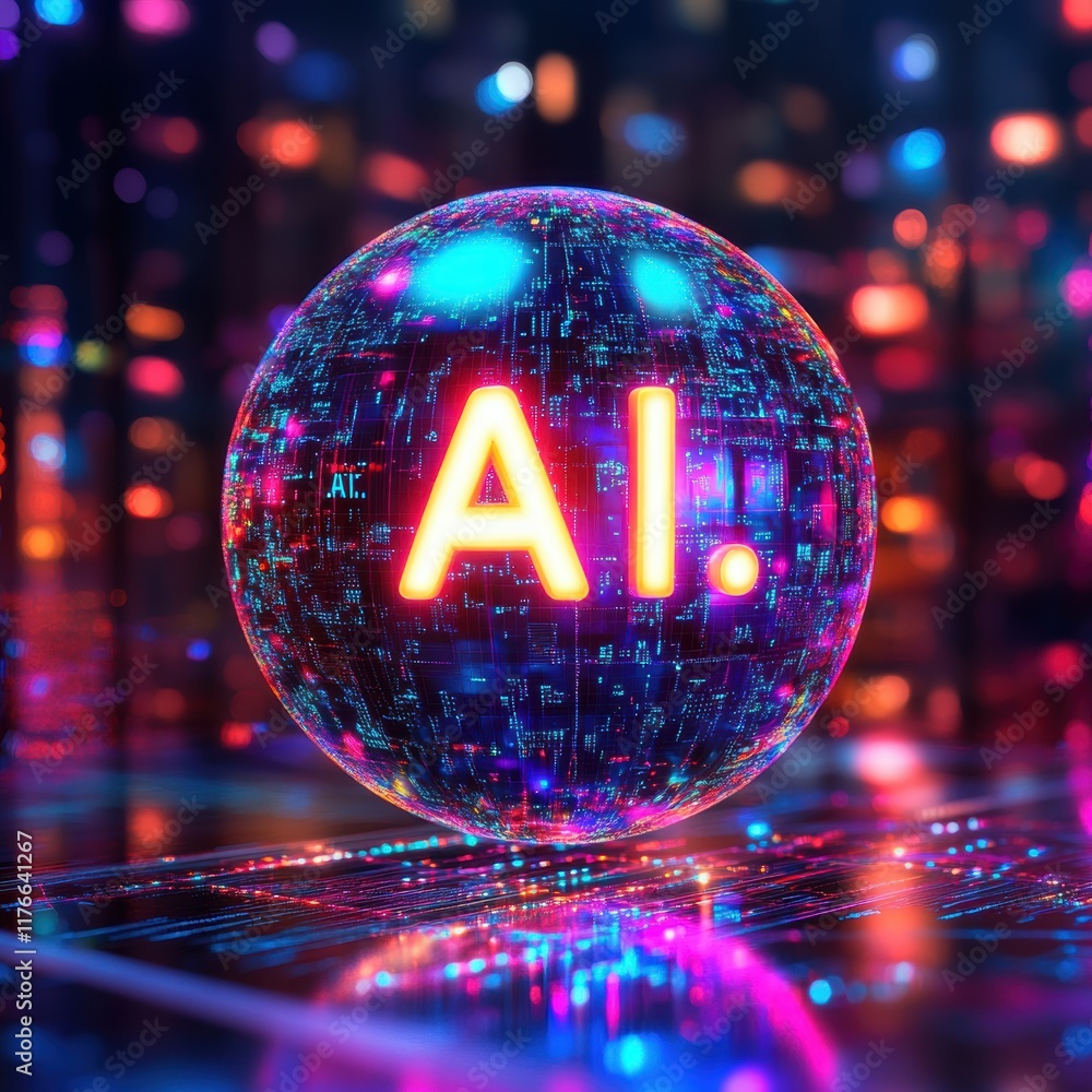Poster a vibrant, futuristic representation of artificial intelligence as a glowing orb, showcasing intrica