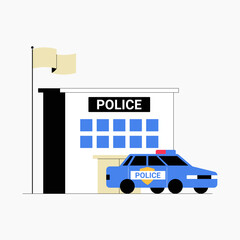 Police station with a patrol car in front in flat vector illustration symbolizing law enforcement, safety, and public service, isolated on white background. © Creattie