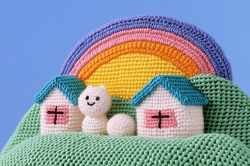 Hand-knitted rainbow sun rising over a cozy woolen town, with soft pastel light spilling across the houses and knitted animals enjoying the morning.
