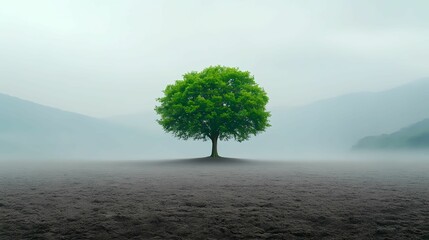 A solitary green tree stands in a misty landscape, surrounded by a serene atmosphere and distant mountains.